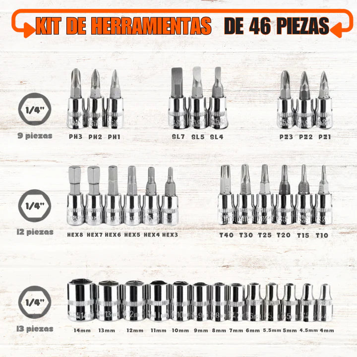 Kit de herramientas multiusos con 46 pzs