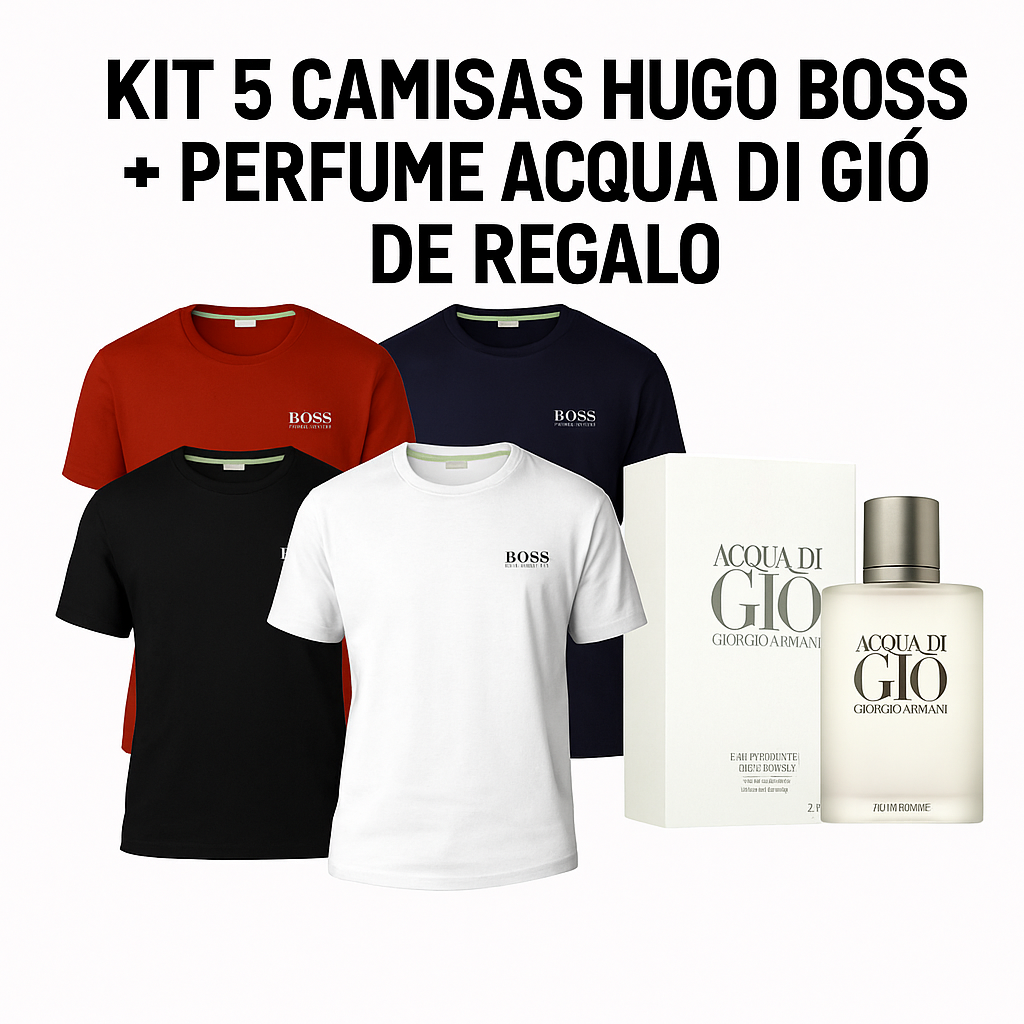 KIT X5 CAMISETAS HUGO BOSS SURTIDAS  + PERFUME GIO